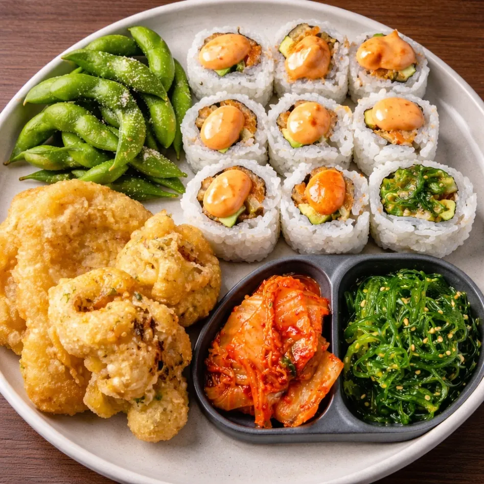Bento Box combo with sushi roll, edamame and tempura at Let's Sushi Regina